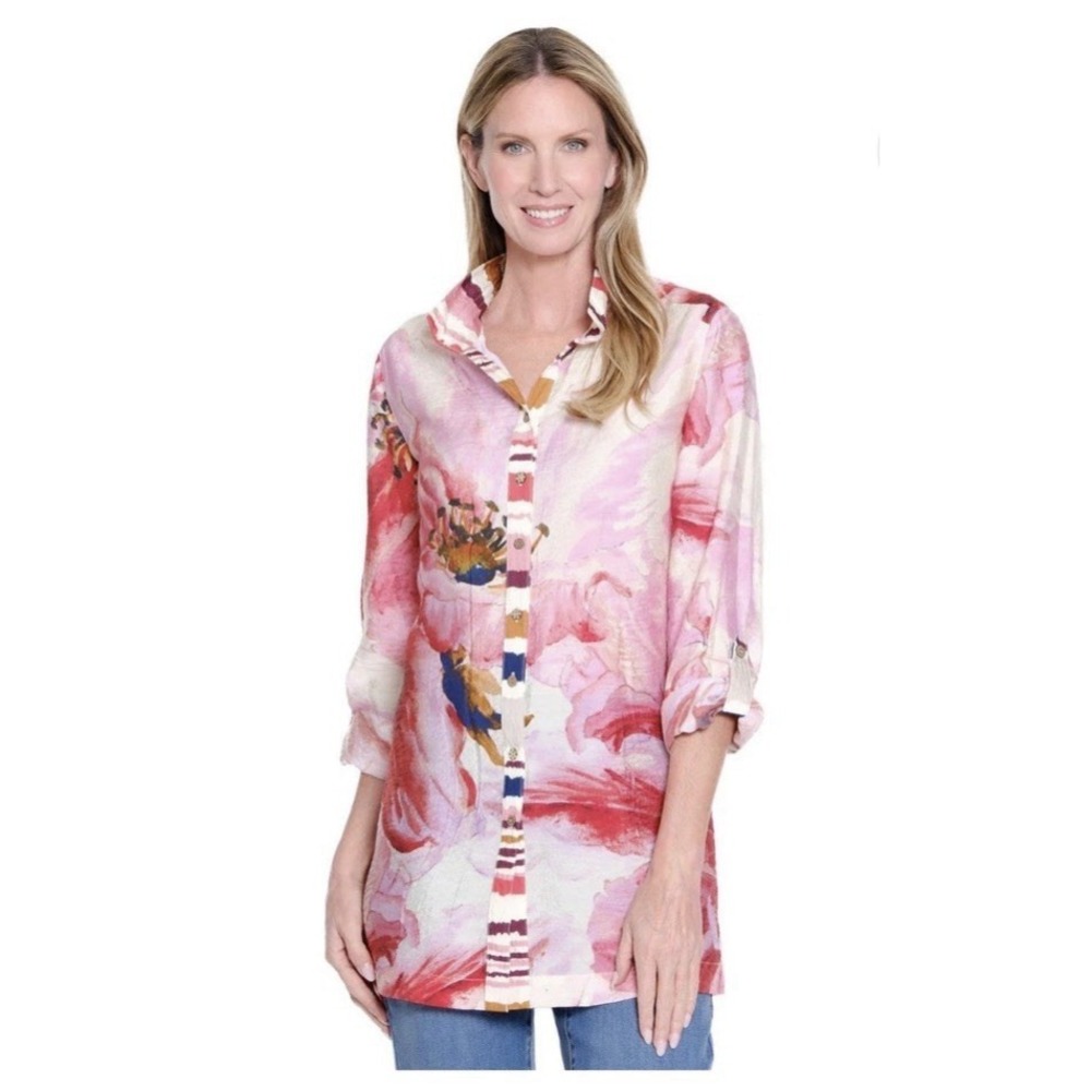 NEW John Mark Tunic Shirt Top Women 3X Button Up Large Floral Print Pink‎ Red